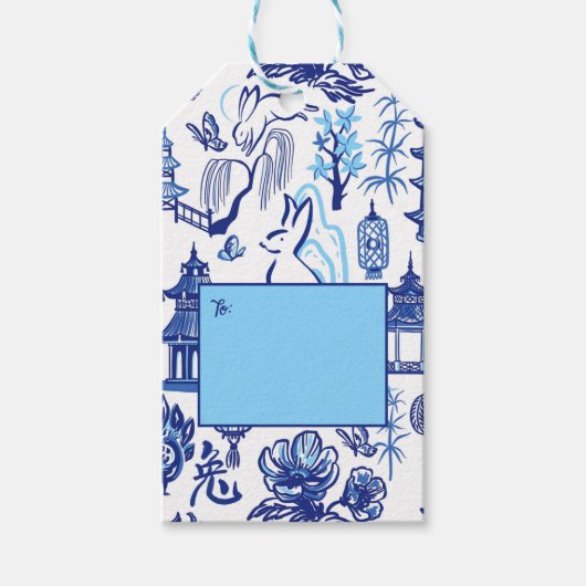 Blauw & Wit Chinoiserie Konijn Gift Label Cadeaulabel (Voorkant)