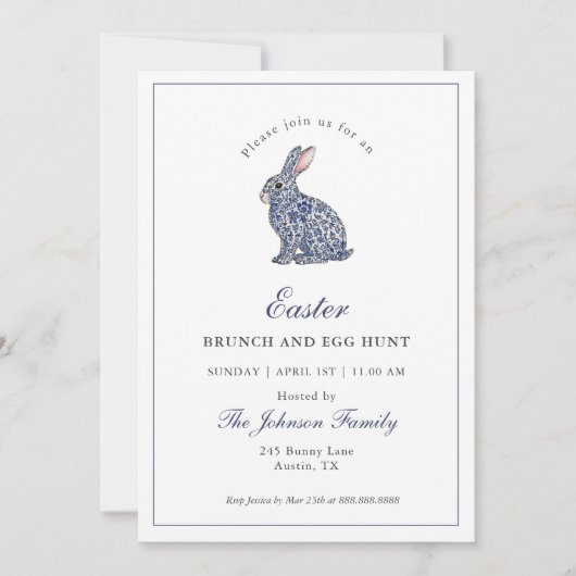 Blauw & Wit Chinoiserie Konijn Paasbrunch Kaart (Voorkant)