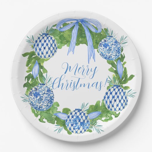 Blauw & Wit Chinoiserie Krans Kerstmis Papieren Bordje (Voorkant)