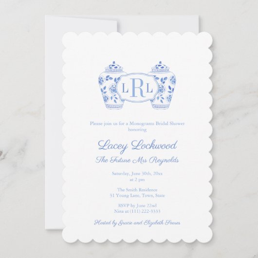 Blauw-wit Chinoiserie Monogram Vrijgezellenfeest Kaart (Voorkant)