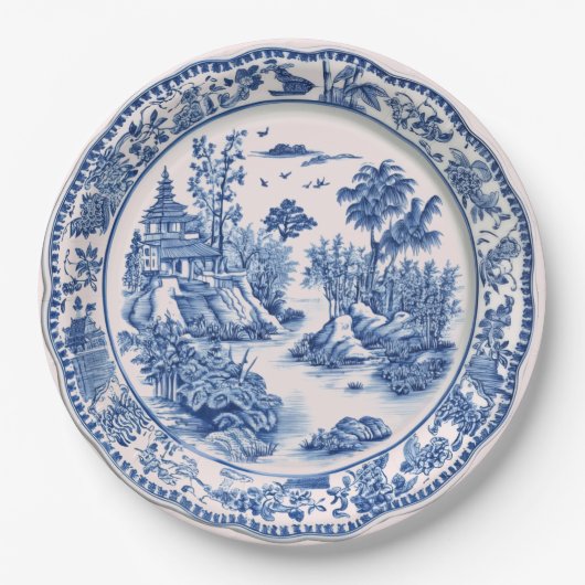 Blauw-wit Chinoiserie Pagoda Papieren Bordje (Voorkant)