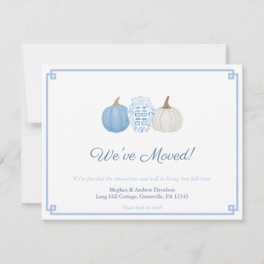 Blauw & Wit Chinoiserie Pompoen Adreswijziging Aankondiging (Voorkant)