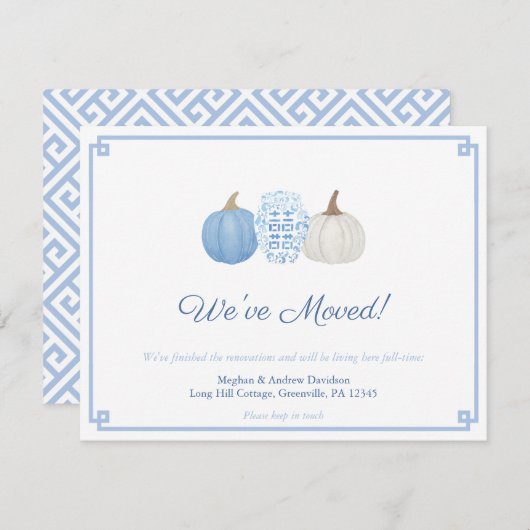 Blauw & Wit Chinoiserie Pompoen Adreswijziging Aankondiging (Voorkant / Achterkant)