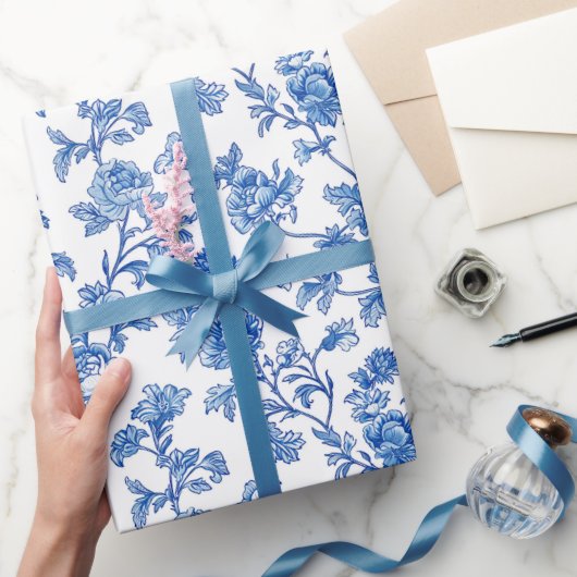 Blauw-wit Chinoiserie Roos Peony Cadeaupapier (Geschenken)