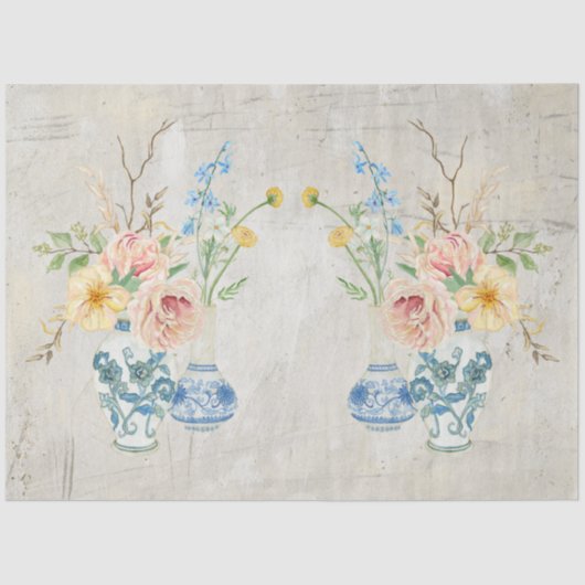 Blauw Wit Chinoiserie Roos Peony Floral Boeket Tissuepapier (Voorkant)