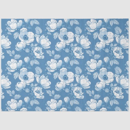 Blauw-wit Chinoiserie Roos Peony Tissuepapier (Voorkant)