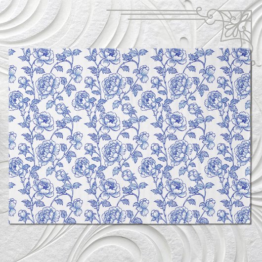 Blauw-wit Chinoiserie Roos Peony Tissuepapier