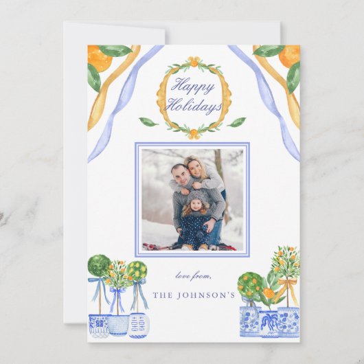 Blauw Wit Chinoiserie Sinaasappel Kerstfoto Feestdagenkaart (Voorkant)