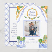 Blauw Wit Chinoiserie Sinaasappel Kerstfoto Feestdagenkaart (Voorkant / Achterkant)