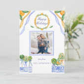 Blauw Wit Chinoiserie Sinaasappel Kerstfoto Feestdagenkaart (Staand voorkant)