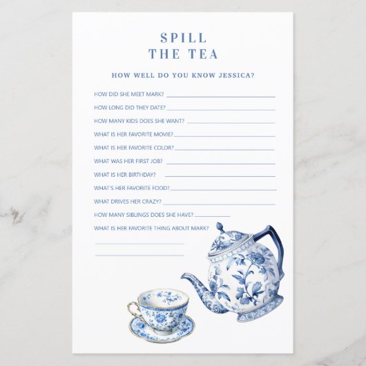 Blauw & Wit Chinoiserie Spill de Tea Shower Game (Voorkant)