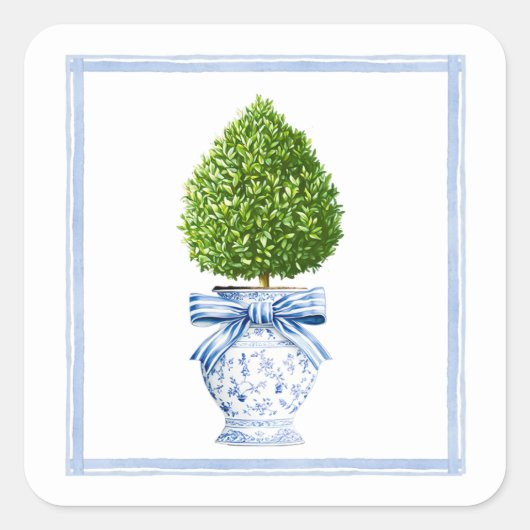 Blauw & Wit Chinoiserie Topiary Vierkante Sticker (Voorkant)