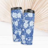 Blauw Wit Chinoiserie Vogel Bloemen Tuin Monogram Thermosbeker