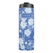 Blauw Wit Chinoiserie Vogel Bloemen Tuin Monogram Thermosbeker (Voorkant)