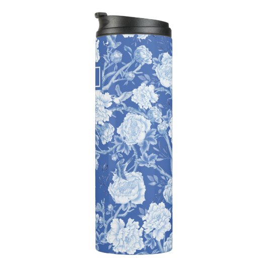 Blauw Wit Chinoiserie Vogel Bloemen Tuin Monogram Thermosbeker (Geroteerd rechts)