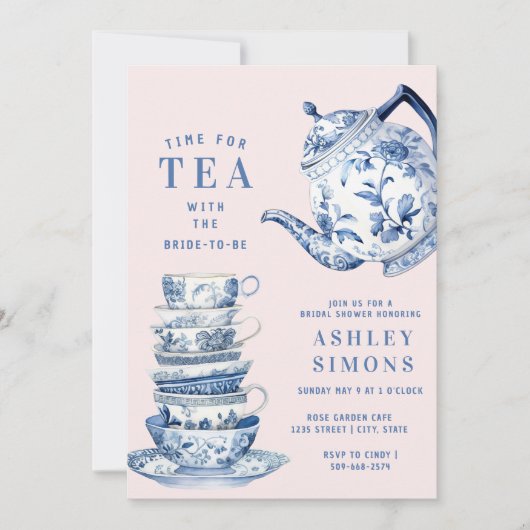 Blauw-wit Chinoiserie Vrijgezellenfeest Tea Party Kaart (Voorkant)