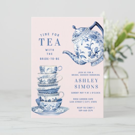 Blauw-wit Chinoiserie Vrijgezellenfeest Tea Party Kaart (Staand voorkant)