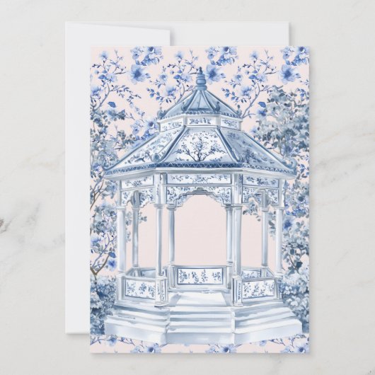 Blauw-wit Chinoiserie Vrijgezellenfeest Tea Party Kaart (Achterkant)