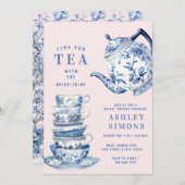 Blauw-wit Chinoiserie Vrijgezellenfeest Tea Party Kaart (Voorkant / Achterkant)