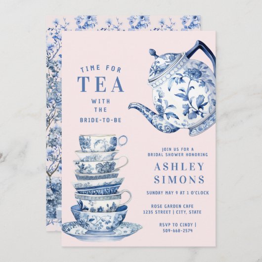 Blauw-wit Chinoiserie Vrijgezellenfeest Tea Party Kaart (Voorkant / Achterkant)