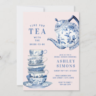 Blauw-wit Chinoiserie Vrijgezellenfeest Tea Party Kaart