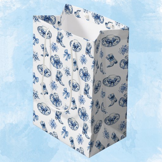 Blauw Wit Cowgirl Laarzen Bogen Toile Chinoiserie Medium Cadeauzakje
