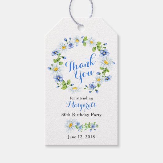 Blauw Wit Daisy Bloemen 80ste Verjaardag Dank u Cadeaulabel (Voorkant)