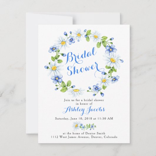 Blauw Wit Daisy Bloemen Bruids Douche Uitnodiging (Voorkant)