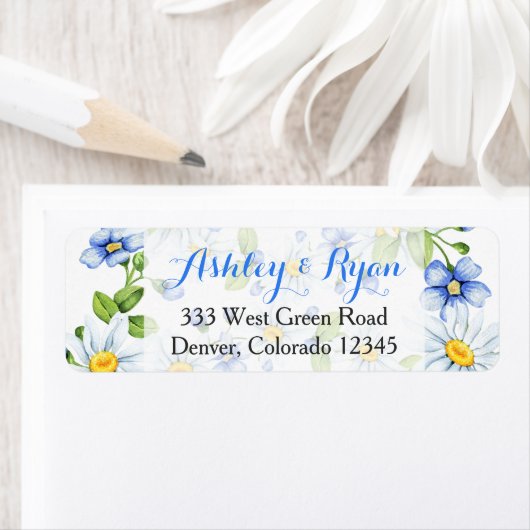 Blauw Wit Daisy Bloemen Bruiloft Adresetiketten Etiket (Insitu)