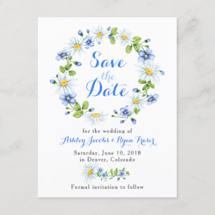 Blauw Wit Daisy Bloemen Bruiloft Save the Date