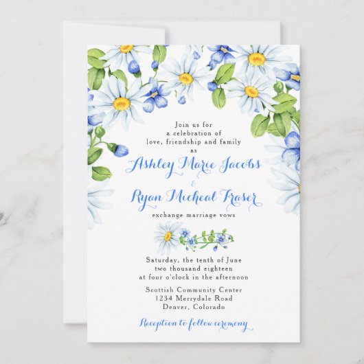 Blauw Wit Daisy Bloemen Bruiloft Uitnodiging (Voorkant)