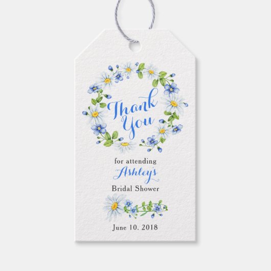 Blauw Wit Daisy Bloemen Vrijgezellenfeest Dank u Cadeaulabel (Voorkant)