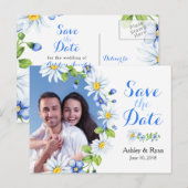Blauw Wit Daisy Foto Bruiloft Save the Date Aankondigingskaart (Voorkant / Achterkant)