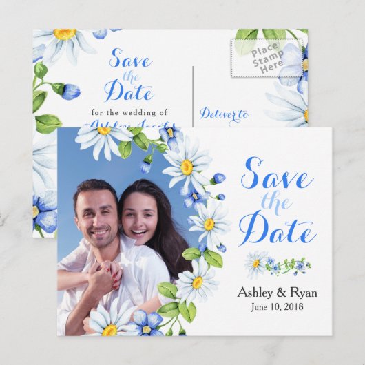 Blauw Wit Daisy Foto Bruiloft Save the Date Aankondigingskaart (Voorkant / Achterkant)