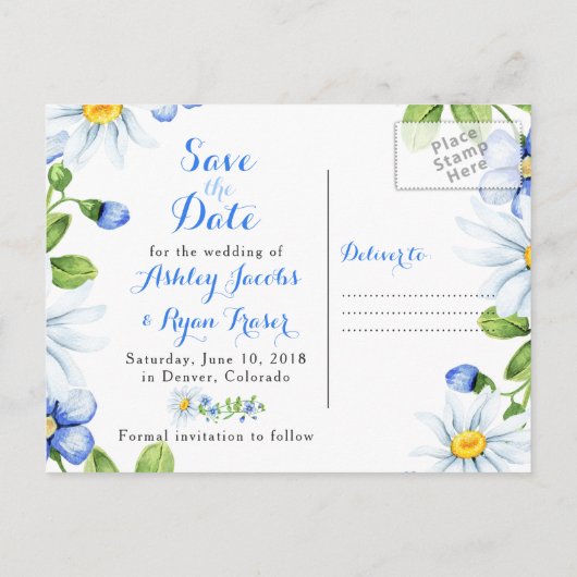 Blauw Wit Daisy Foto Bruiloft Save the Date Aankondigingskaart (Achterkant)