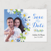 Blauw Wit Daisy Foto Bruiloft Save the Date Aankondigingskaart (Voorkant)