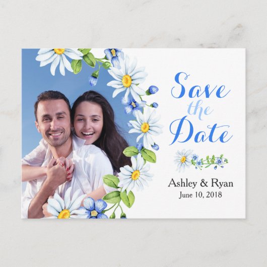 Blauw Wit Daisy Foto Bruiloft Save the Date Aankondigingskaart (Voorkant)
