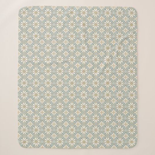 Blauw & Wit Daisy Tegel Print Sherpa Gooi Deken (Voorkant)