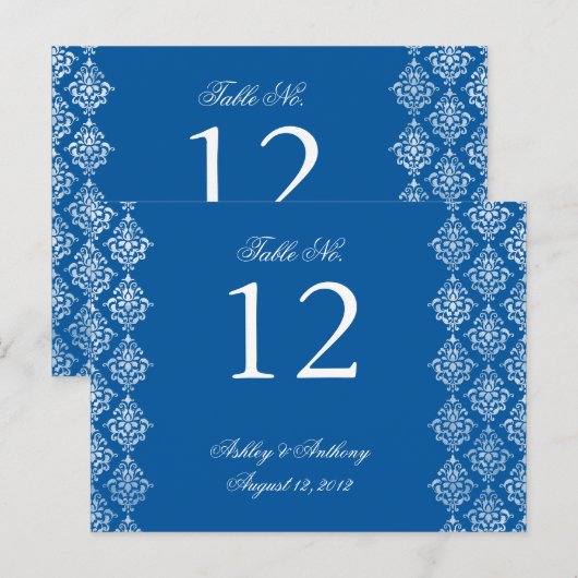 Blauw Wit Damask Arabesque Tafelnummer Kaart (Voorkant / Achterkant)