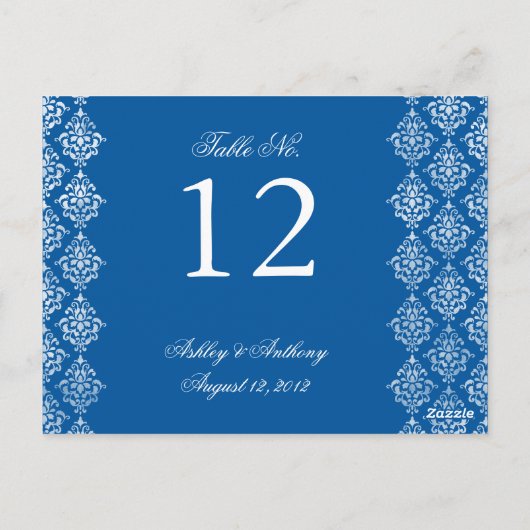 Blauw Wit Damask Arabesque Tafelnummer Kaart (Achterkant)