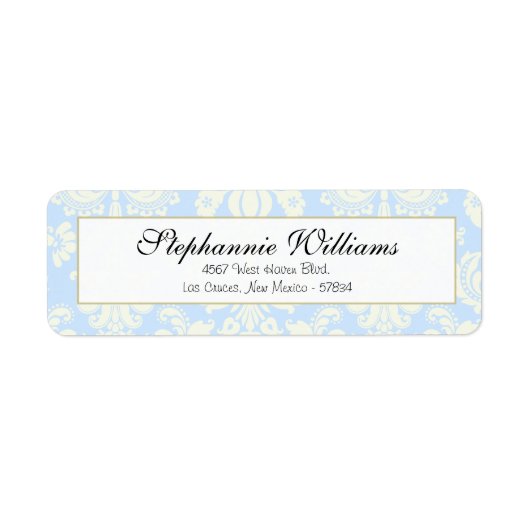Blauw/Wit Damask Bruiloft Retouradres Label (Voorkant)