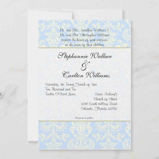 Blauw/wit Damask bruiloft uitnodiging (Voorkant)