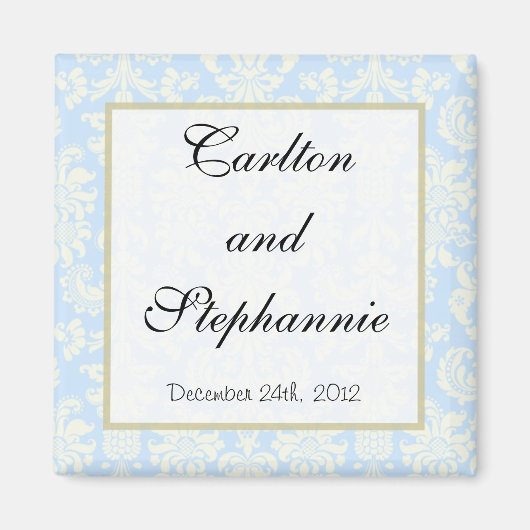 Blauw/Wit Damask Huwelijksmagneet Favor Magneet (Voorkant)