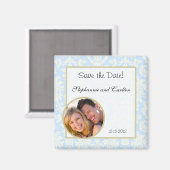 Blauw/Wit Damast bruiloft aankondiging magneet (Voorkant / Achterkant)