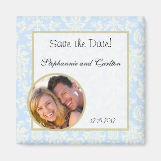 Blauw/Wit Damast bruiloft aankondiging magneet