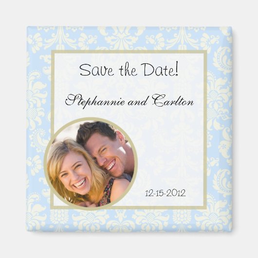 Blauw/Wit Damast bruiloft aankondiging magneet (Voorkant)