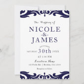 Blauw & Wit Damast Chic Elegant Trouwen Kaart (Voorkant)