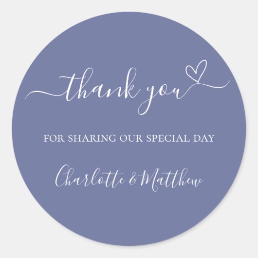 Blauw wit dank je hart bruiloft ronde sticker (Voorkant)