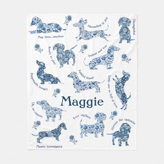 Blauw Wit  Delft Dachshund Fleece Deken (Voorkant)