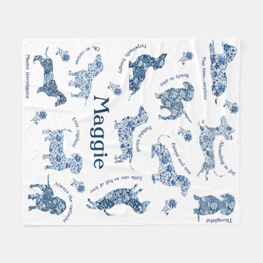 Blauw Wit  Delft Dachshund Fleece Deken (Voorkant (Horizontaal))